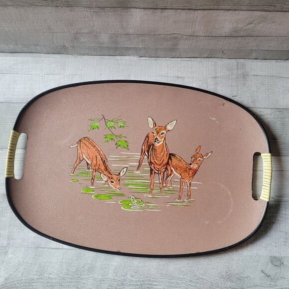 Vintage MCM Serving Tray With Deer at Frog Pond - Brown & Cream Handles Tilso - Picture 1 of 8
